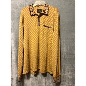 Suslo Couture Mens Polo Shirt Gold Checkered Stretch Long Sleeve Size 3XL